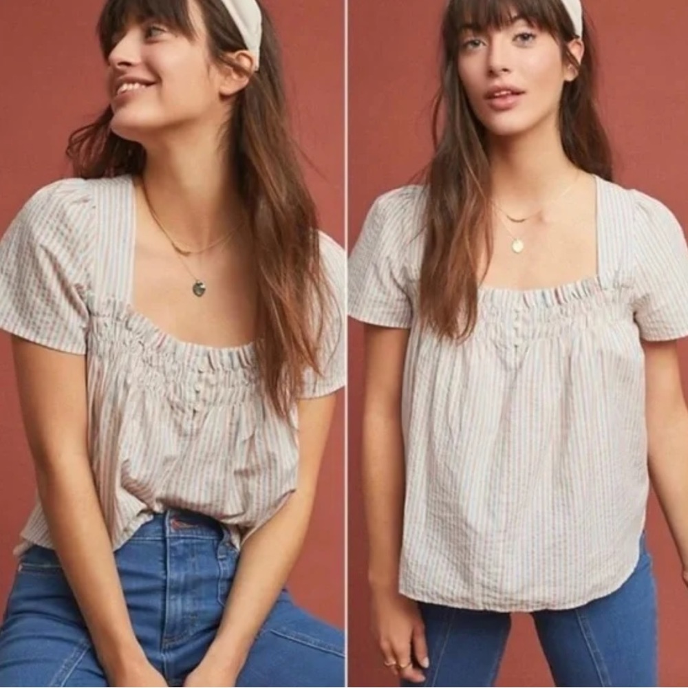 Anthropologie Cream Striped Square-Neck Puff Sleeve Top